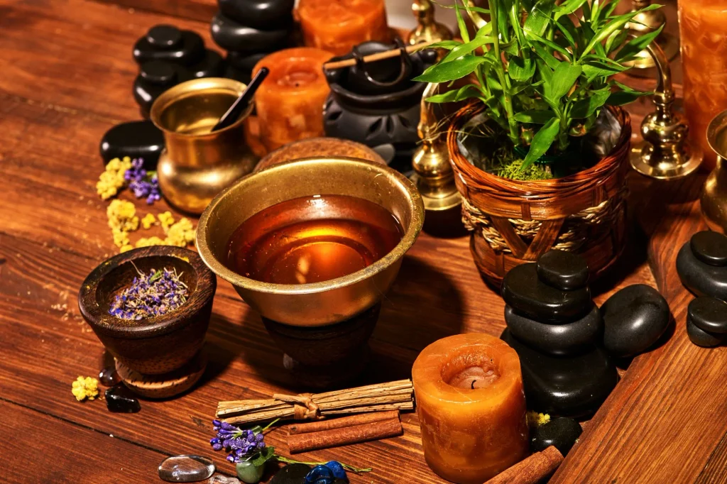 Ayurvedic spa massage setup for different types of ayurvedic massage