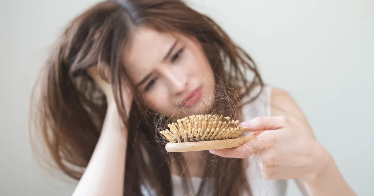 A woman worriedly looking at a hairbrush full of hair
