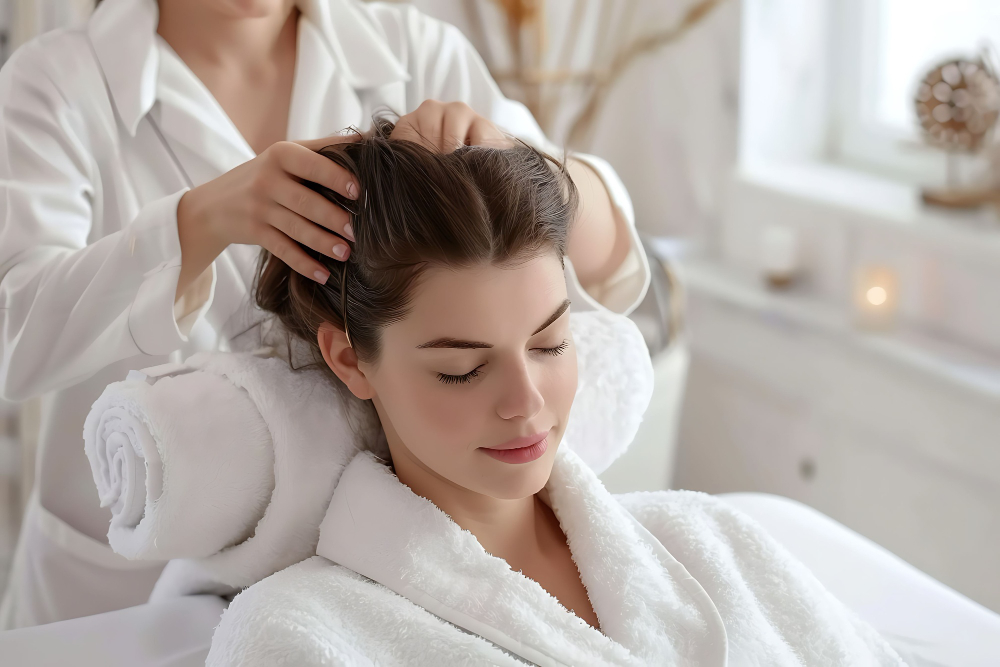 Person enjoying a scalp massage at spa
