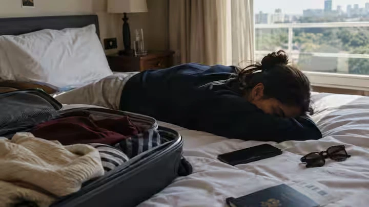 A woman lying in the bed - Travel fatigue